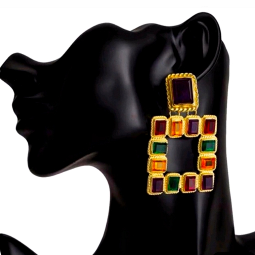 Gold square multi color gem fashion earrings